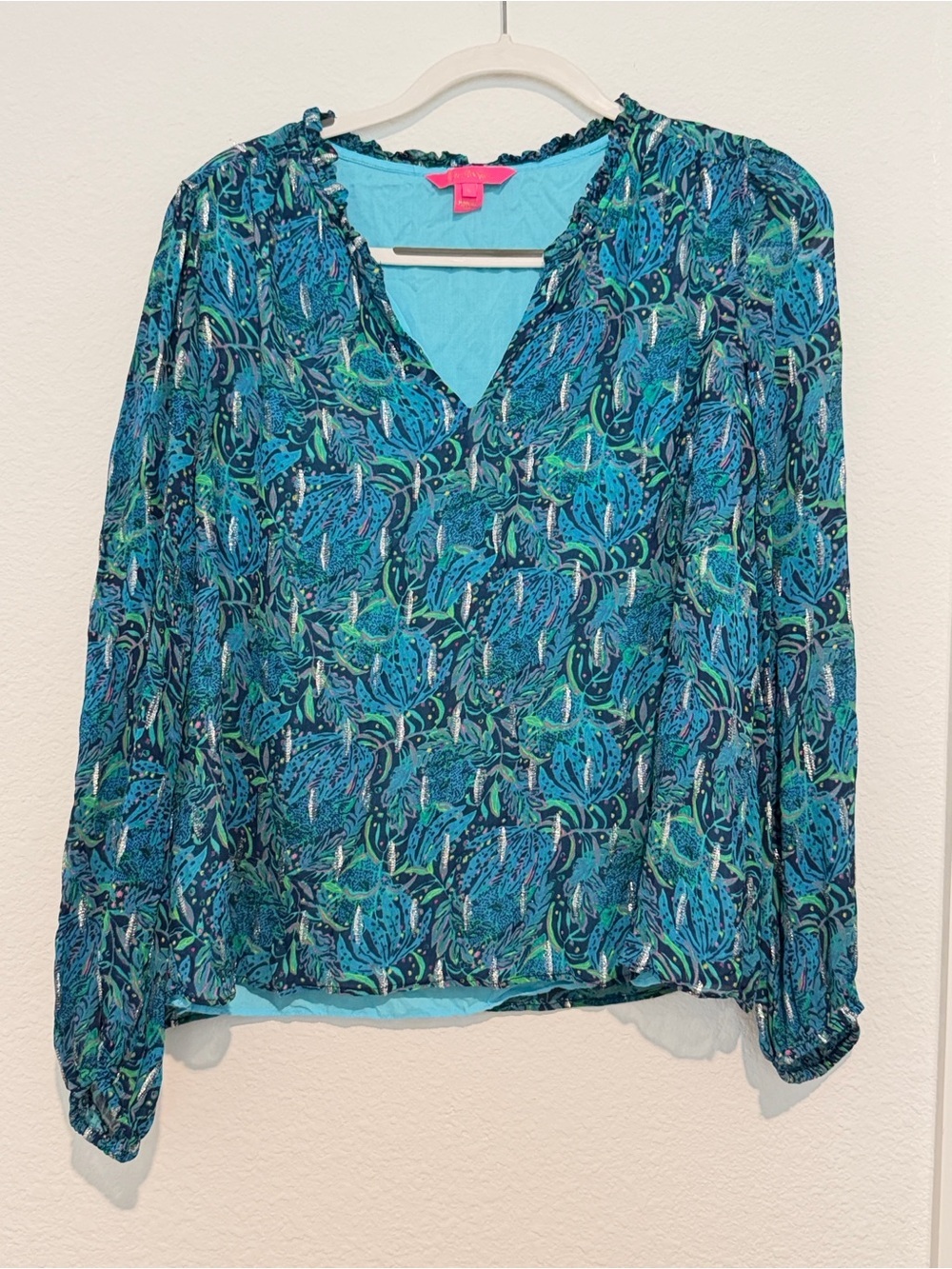 Lilly Pulitzer Giana Blue & Teal Printed V-Neck Blouse